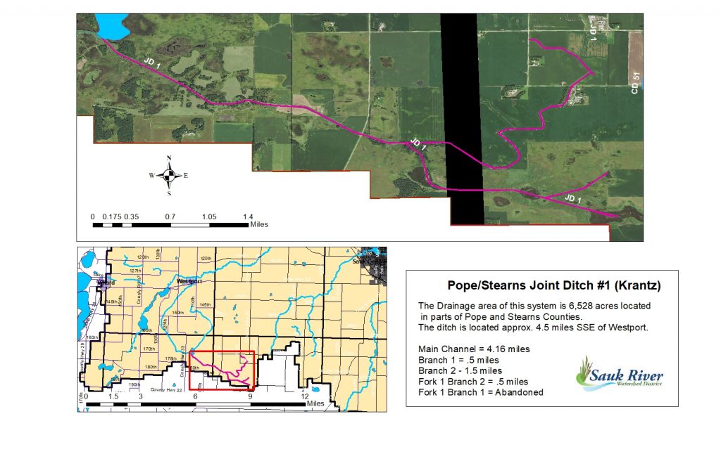 Sauk River Watershed Pope/Stearns Joint District County Ditch 1 (Krantz) Map