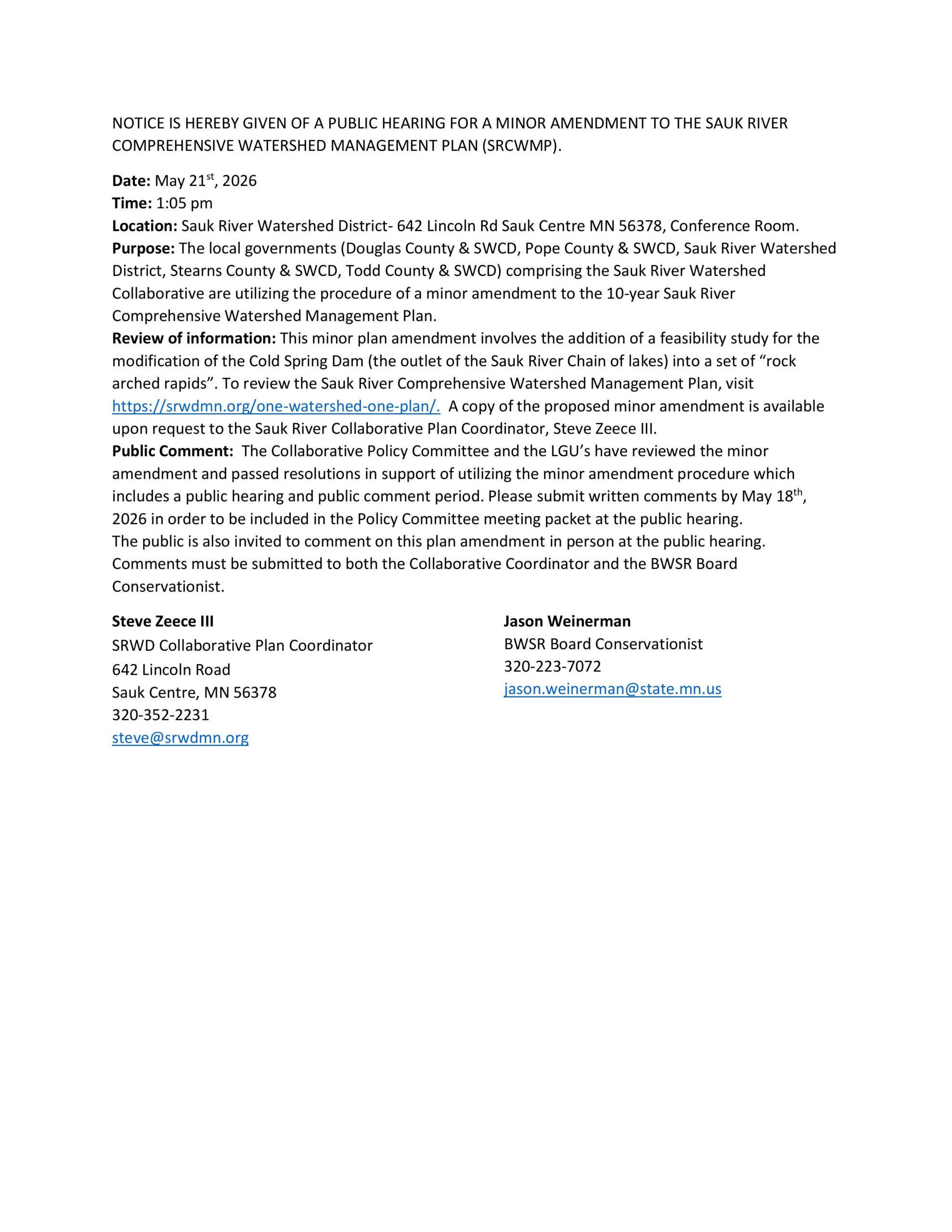 Public Hearing Notice for SRWCWMP Minor Amendment