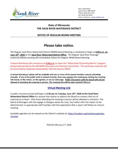 Sauk River Watershed District meeting notice for Tuesday, June 16th